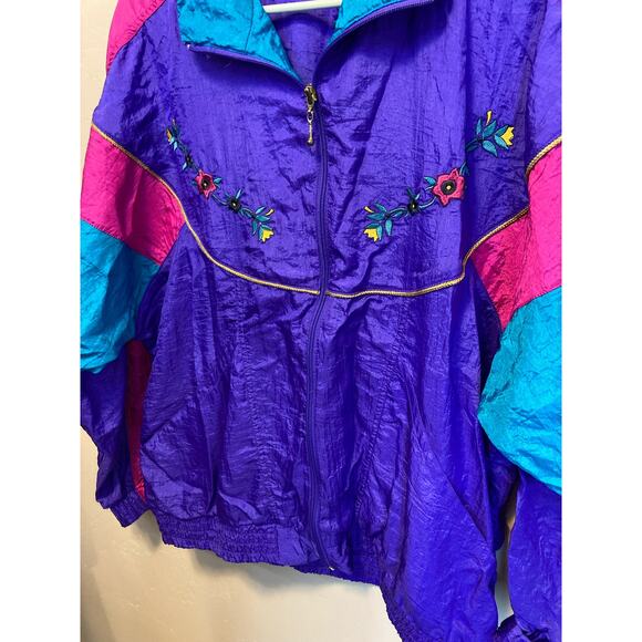 Vintage 80's Two Twenty Floral Embroidered Bright 80's Nylon Windbreaker Large - Picture 8 of 8